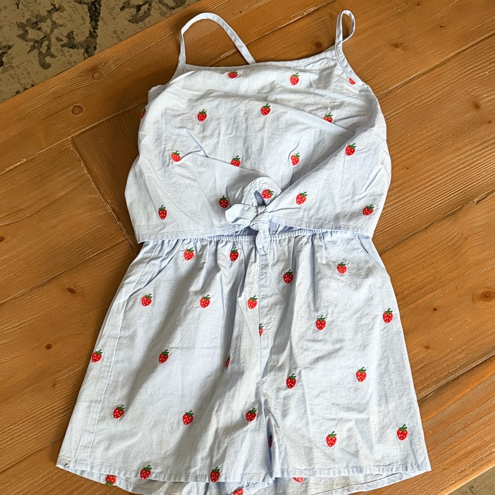 Boden Light Blue Strawberry Embroidered Romper